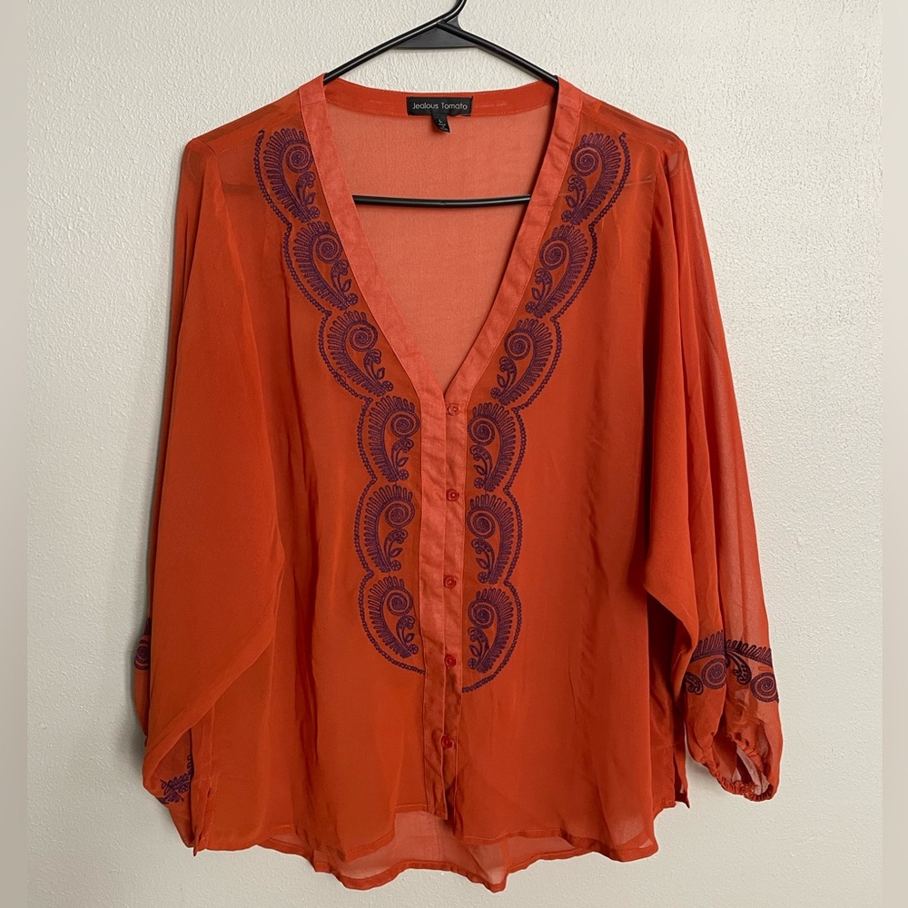 Boutique, size Large blouse, orange & purple, sheer texture, stitches detail